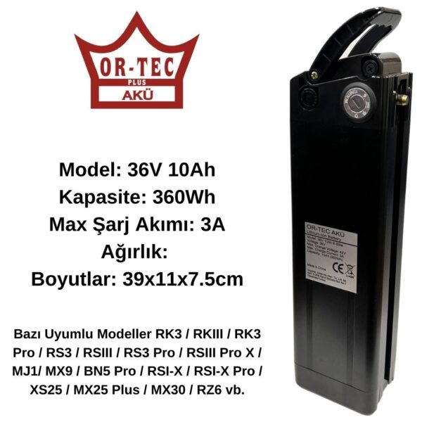 Ortec RKS Elektrikli Bisiklet Bataryası 36V 10Ah Ve 36V 2A Lityum Li-on Akıllı Elektrikli Bisiklet Şarj Aleti Seti - Görsel 4